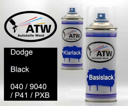 Dodge, Black, 040 / 9040 / P41 / PXB: 400ml Sprühdose + 400ml Klarlack - Set, von ATW Autoteile West.